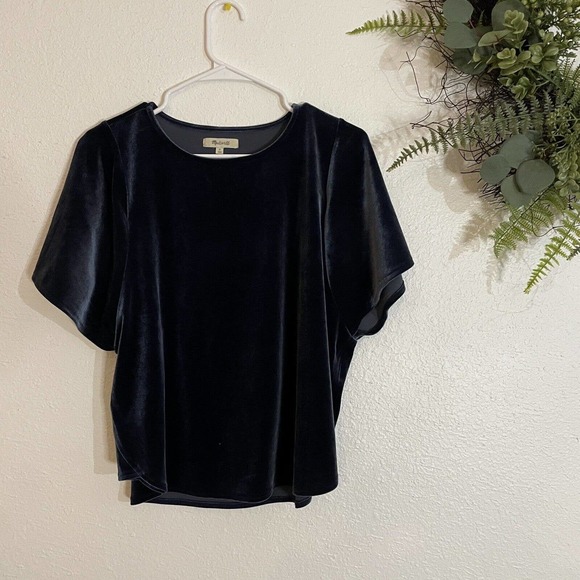 Madewell Velvet Blue Flutter Sleeve Short Sleeve Pullover Top Sz Medium - Picture 6 of 8